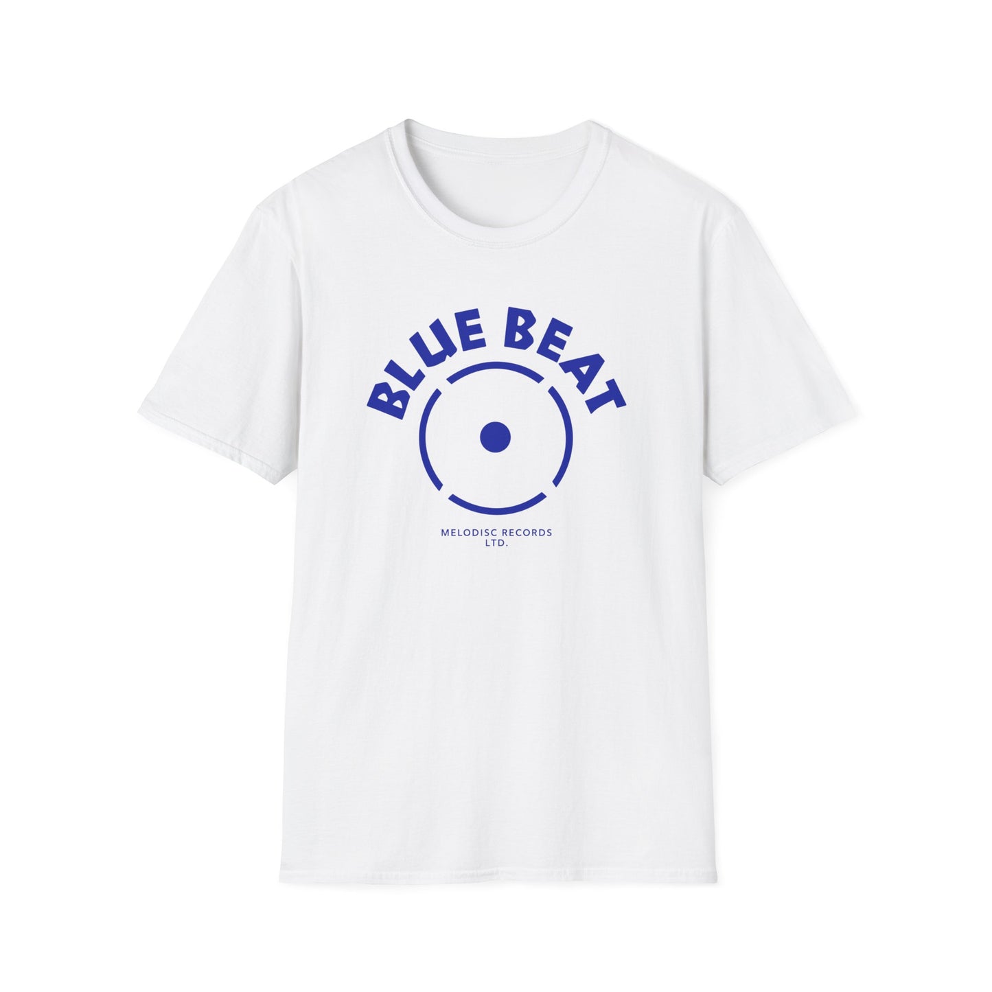 White t-shirt with blue "BLUE BEAT" text and record label logo.