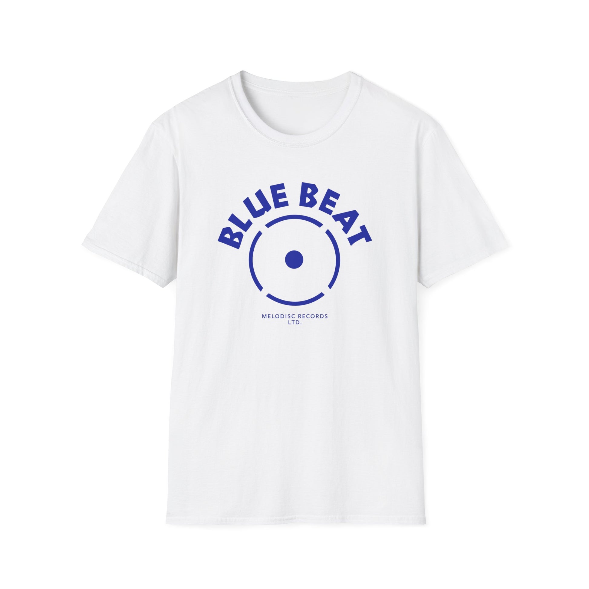 White t-shirt with blue "BLUE BEAT" text and record label logo.