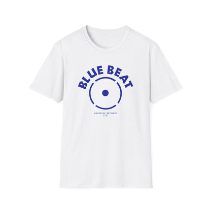 White t-shirt with blue "BLUE BEAT" text and record label logo.