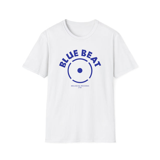 White t-shirt with blue "BLUE BEAT" text and record label logo.
