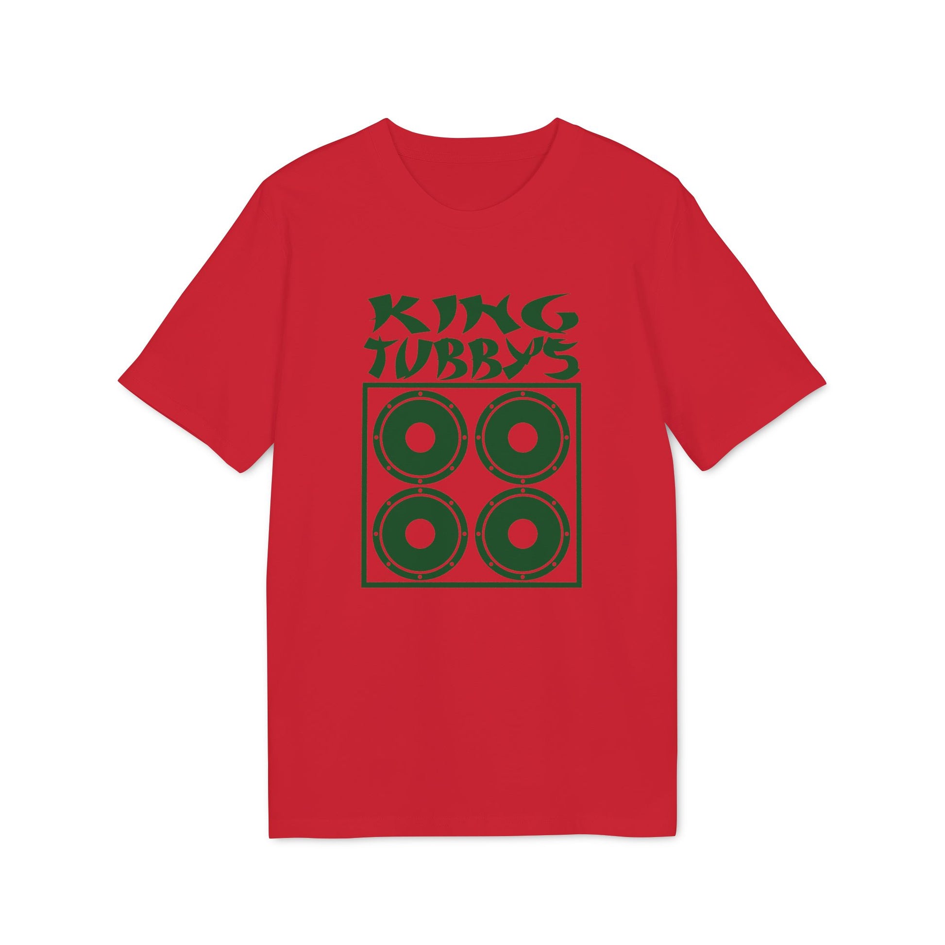 Red t-shirt with green text "KING TUBBY'S" above four green speaker circles.