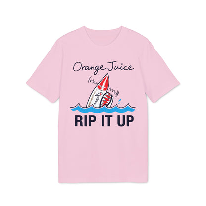 Pink t-shirt with "Orange Juice RIP IT UP" text and a cartoon shark.