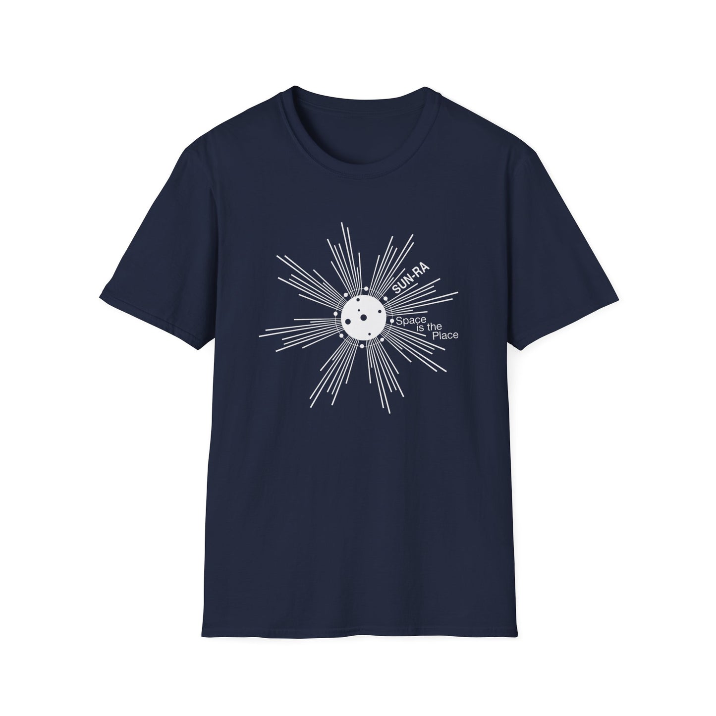 Navy t-shirt with white Sun Ra "Space Is The Place" graphic.