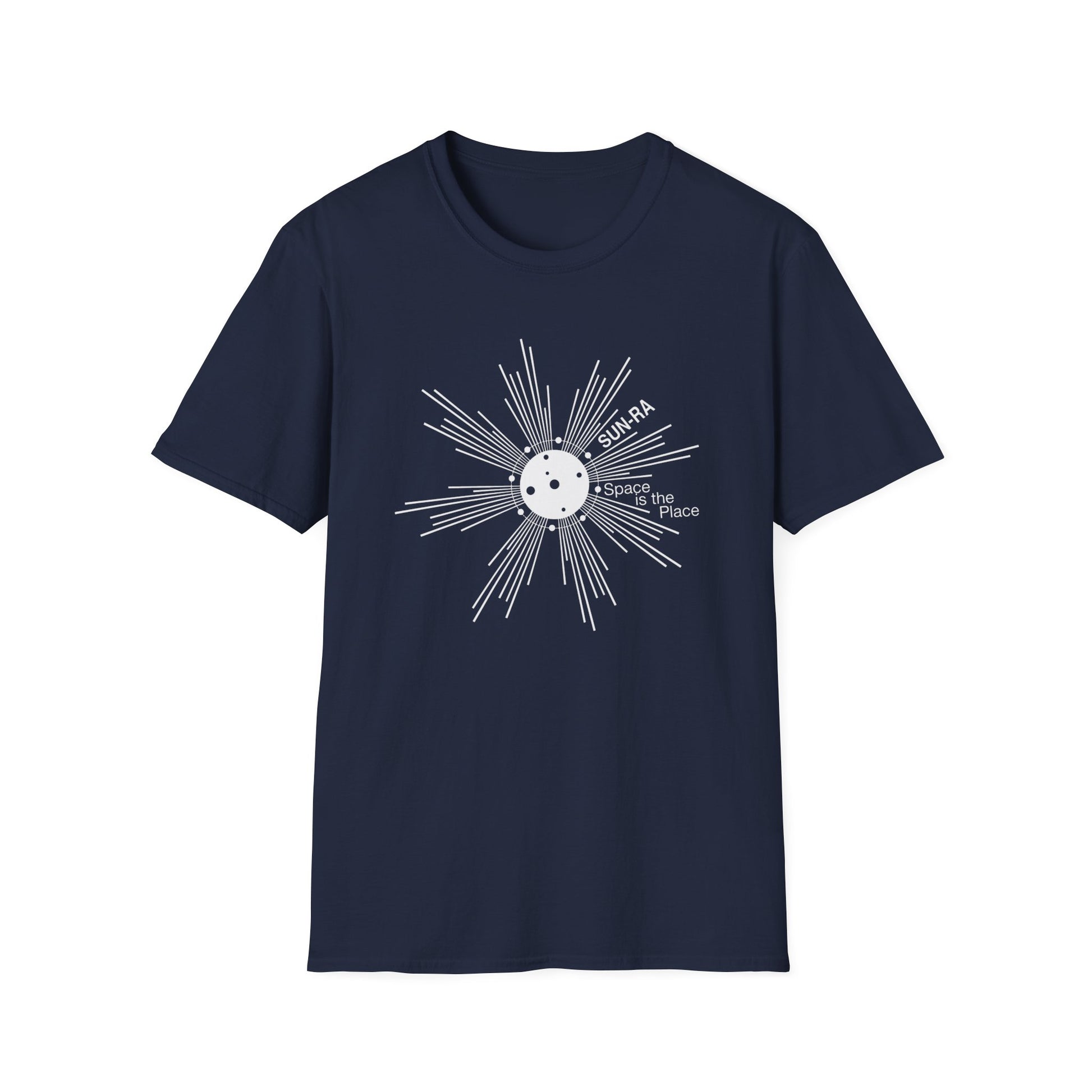 Navy t-shirt with white Sun Ra "Space Is The Place" graphic.