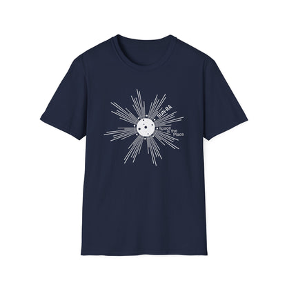 Navy t-shirt with white Sun Ra "Space Is The Place" graphic.