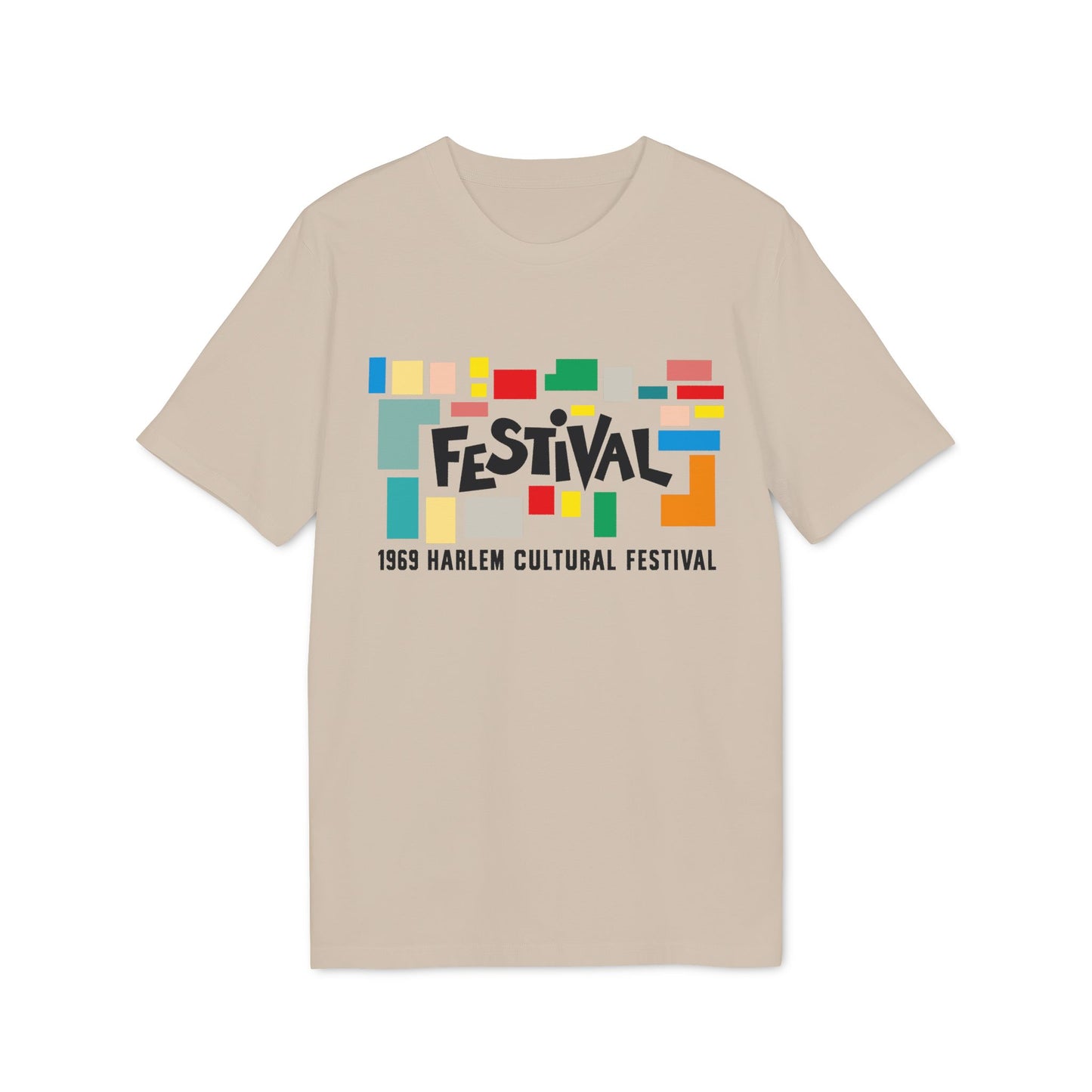 T-shirt with "FESTIVAL" and "1969 HARLEM CULTURAL FESTIVAL" text and colorful blocks.
