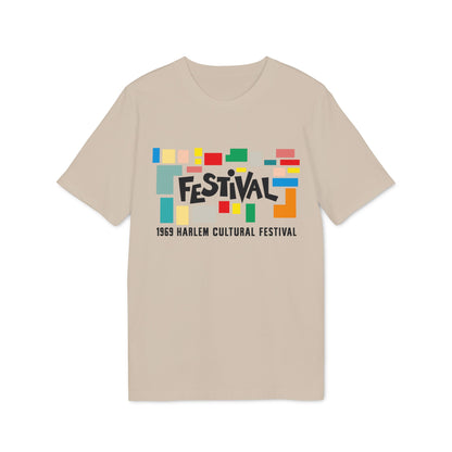 T-shirt with "FESTIVAL" and "1969 HARLEM CULTURAL FESTIVAL" text and colorful blocks.