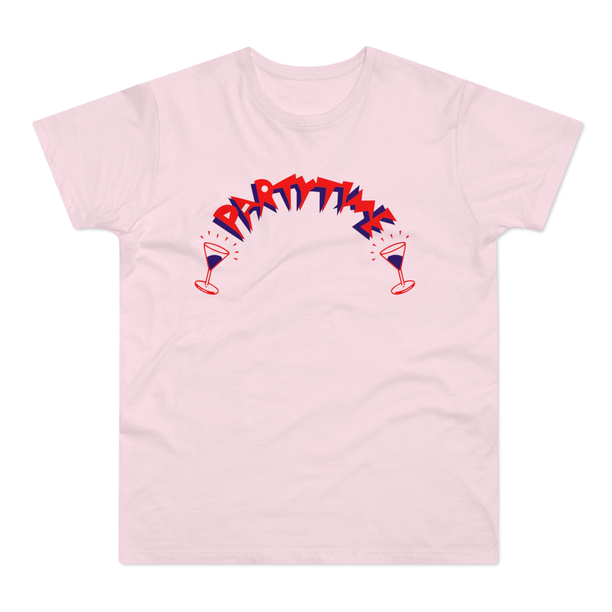 Light pink t-shirt with arched "PARTY TIME" text and two cocktail glasses.