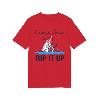 Red t-shirt with "Orange Juice Rip It Up" text and shark graphic.