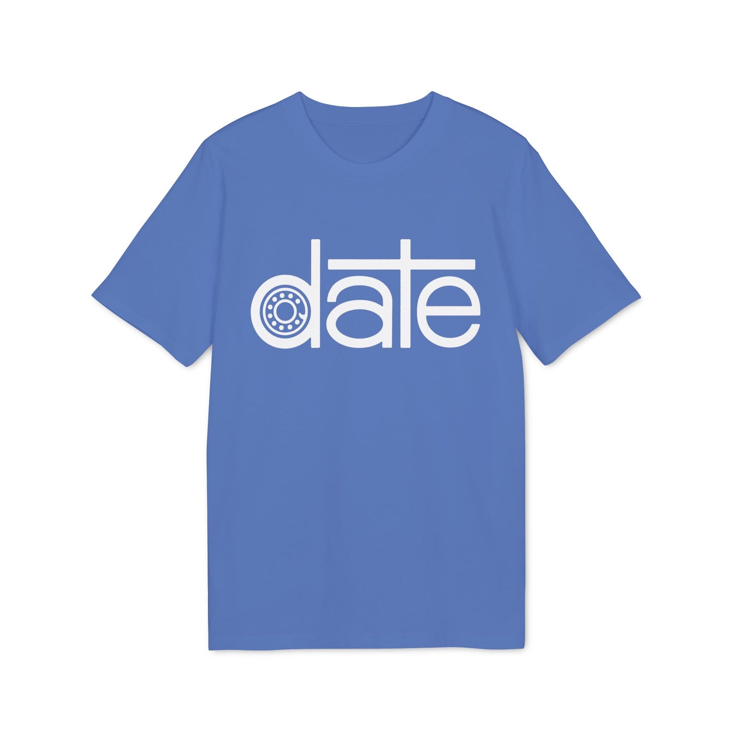 Blue t-shirt with white text and a circular graphic.