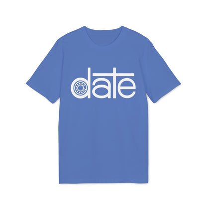 Blue t-shirt with white text and a circular graphic.