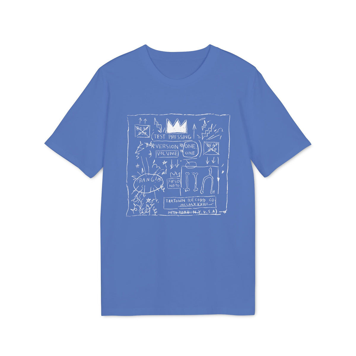 Blue t-shirt with white graphic art featuring a crown, text, and symbols.