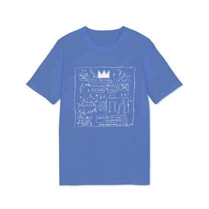 Blue t-shirt with white graphic art featuring a crown, text, and symbols.