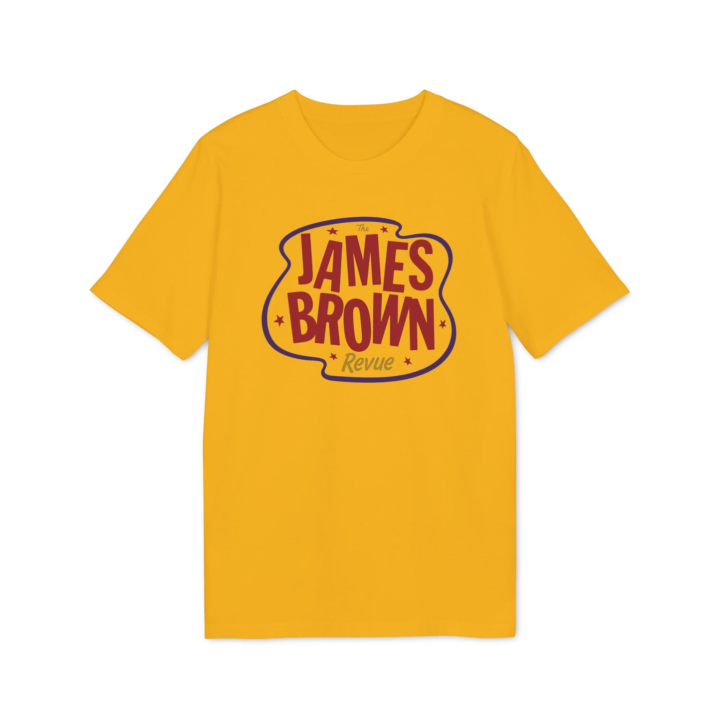 Yellow t-shirt with "The James Brown Revue" graphic in red letters.