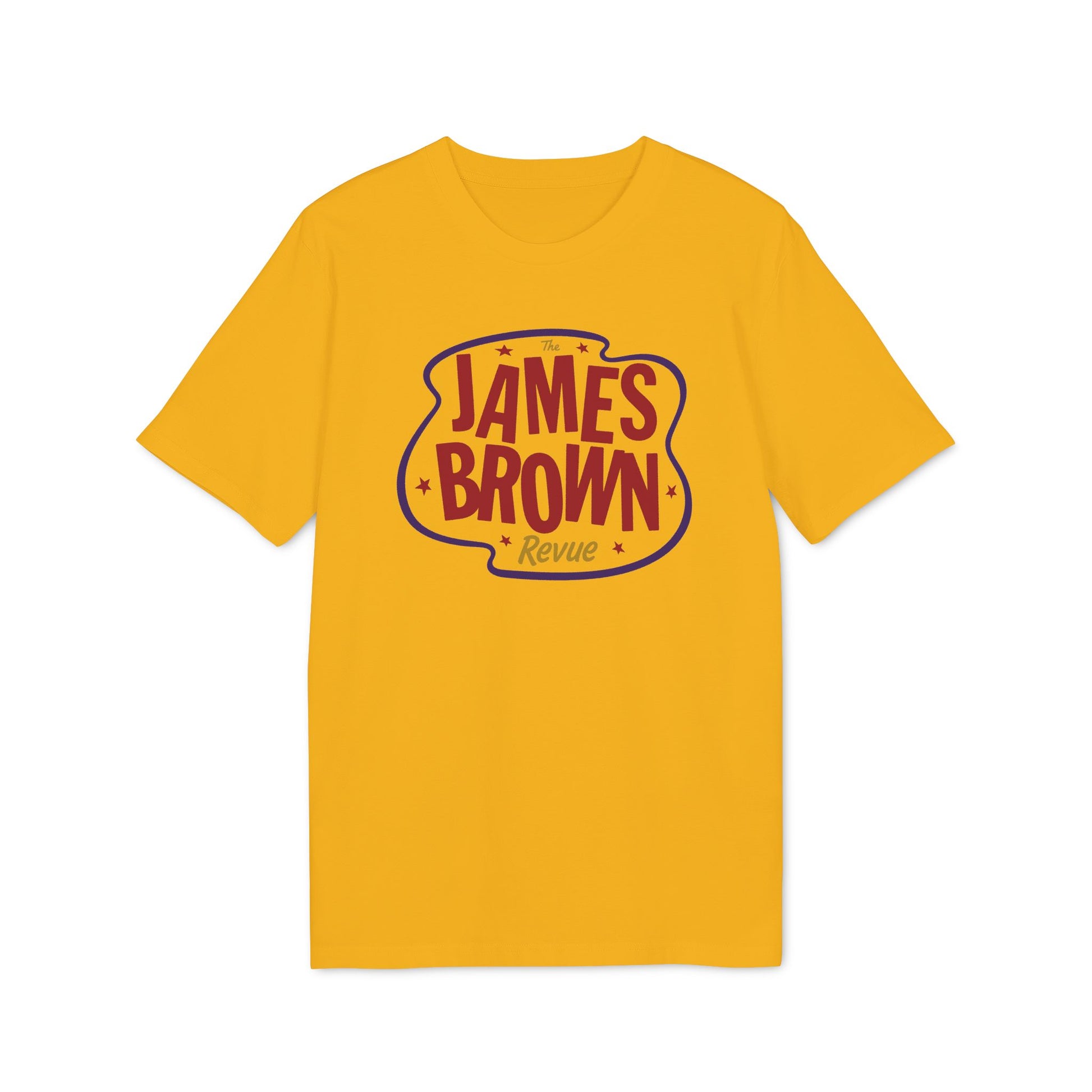 Yellow t-shirt with "The James Brown Revue" graphic in red letters.