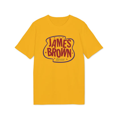 Yellow t-shirt with "The James Brown Revue" graphic in red letters.