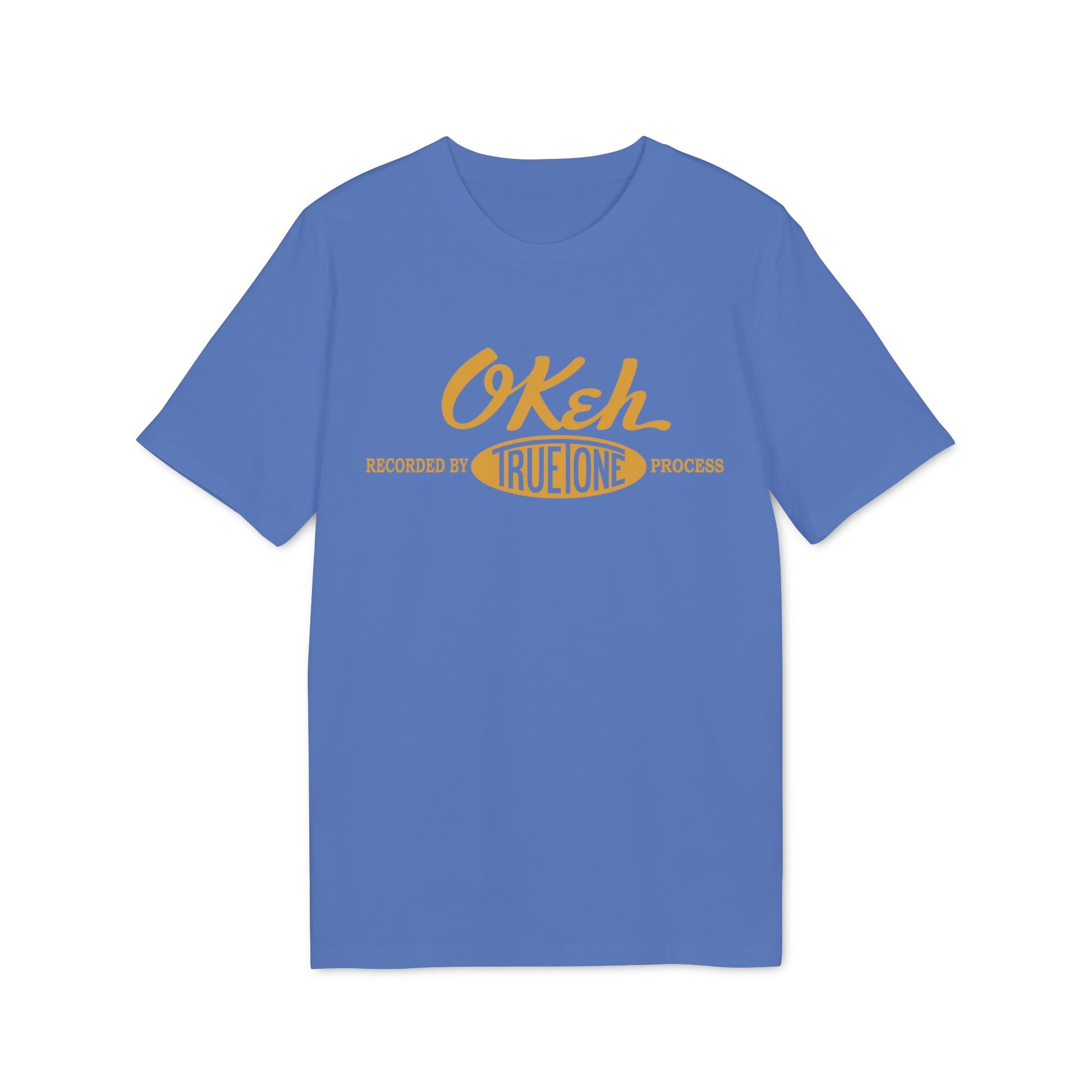 Blue t-shirt with yellow "Okeh Recorded by True Tone Process" text design.