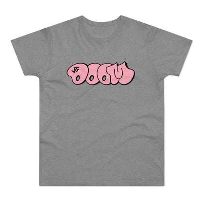 Grey t-shirt with pink bubble letters spelling "MF DOOM"