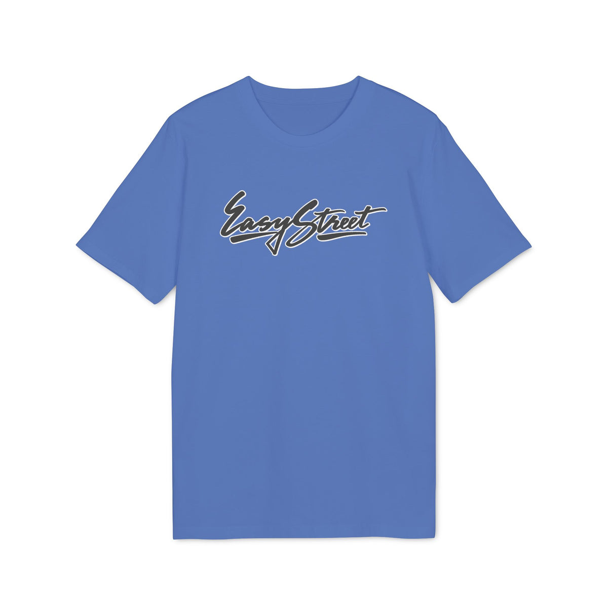 Blue t-shirt with "Easy Street" in stylized script text.
