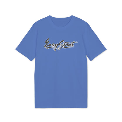 Blue t-shirt with "Easy Street" in stylized script text.