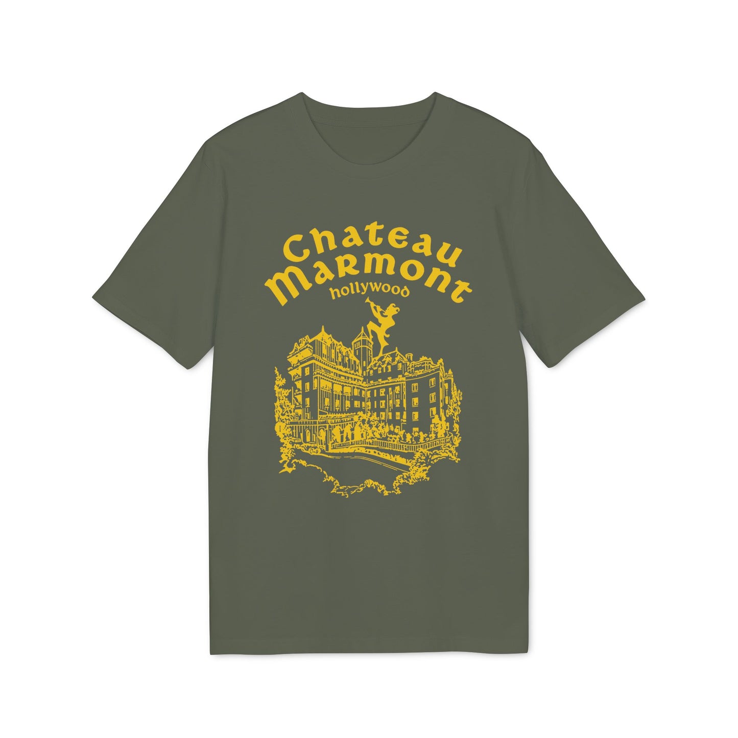 Green t-shirt with yellow Chateau Marmont Hollywood building graphic