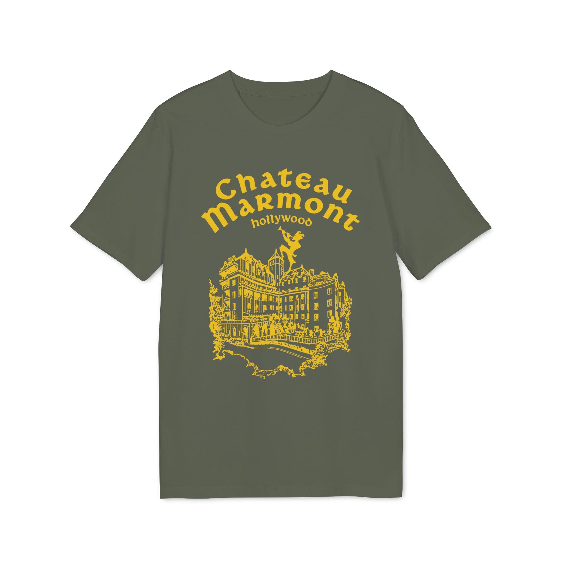 Green t-shirt with yellow Chateau Marmont Hollywood building graphic