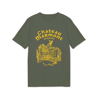 Green t-shirt with yellow Chateau Marmont Hollywood building graphic