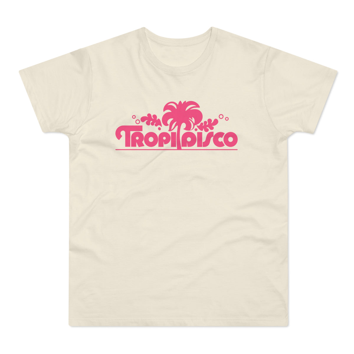 Cream t-shirt with pink "Tropi Disco" text and palm tree graphic.