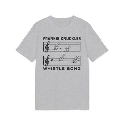 Frankie Knuckles Whistle Song graphic on a grey t-shirt.