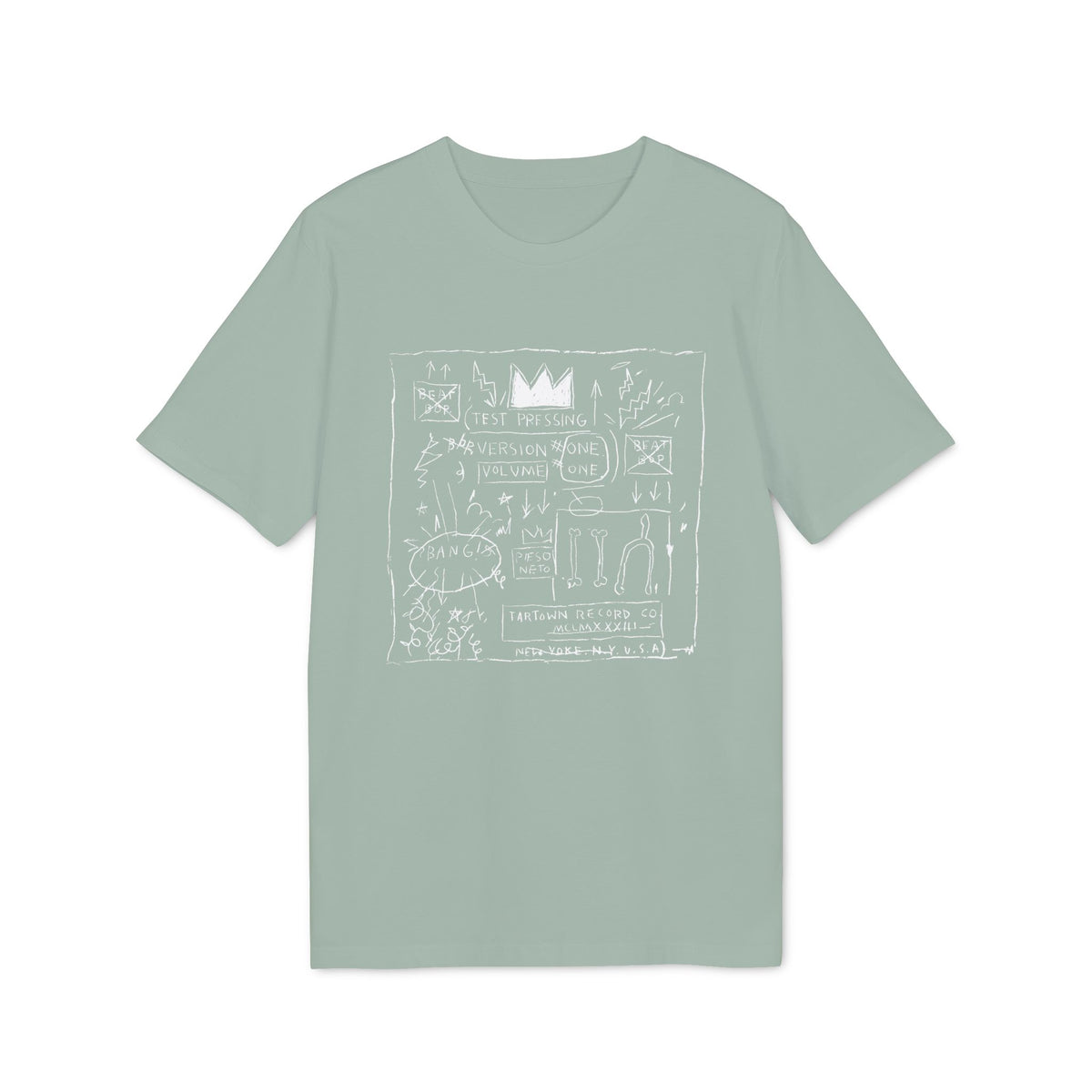 Pale green t-shirt with white line drawing of crown, text, and abstract art.