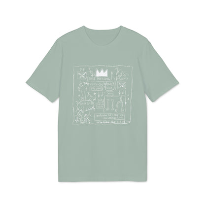 Pale green t-shirt with white line drawing of crown, text, and abstract art.