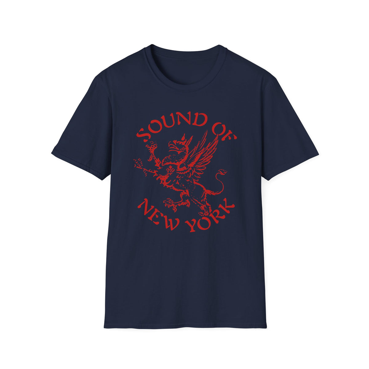 Navy t-shirt with red "Sound of New York" text and griffin graphic.