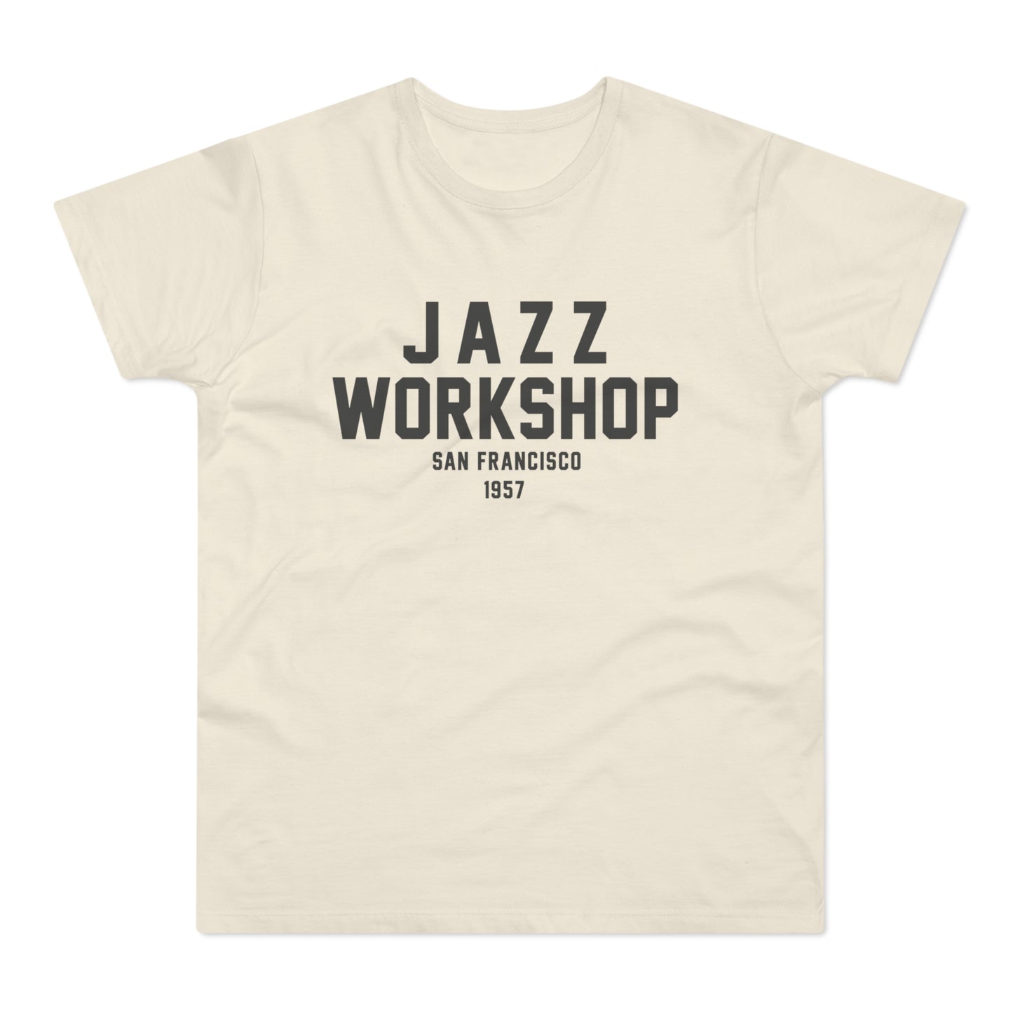 Cream t-shirt with "JAZZ WORKSHOP SAN FRANCISCO 1957" text.