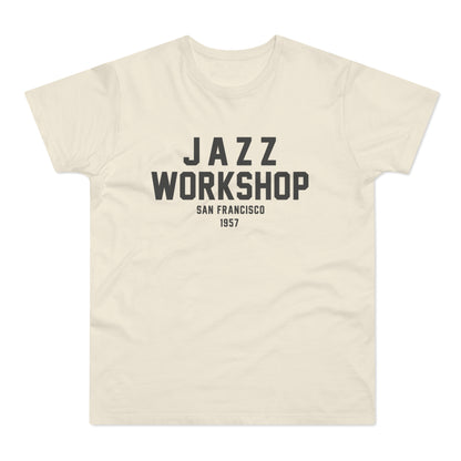 Cream t-shirt with "JAZZ WORKSHOP SAN FRANCISCO 1957" text.