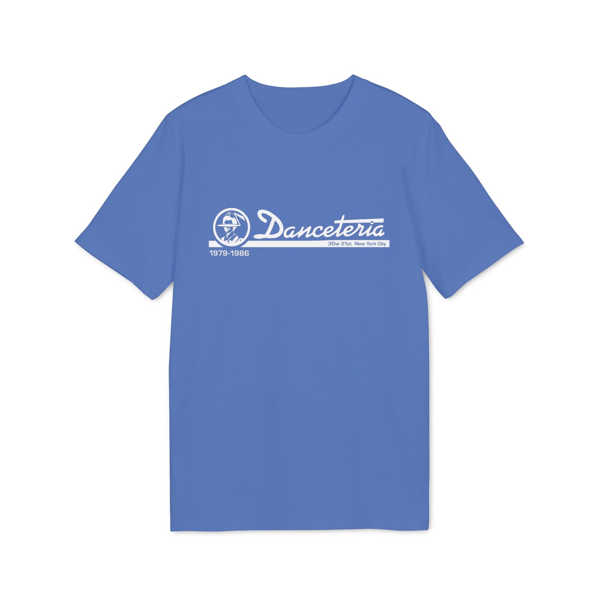 Blue t-shirt with white Danceteria logo, 1979-1986, 30w 21st, New York City.