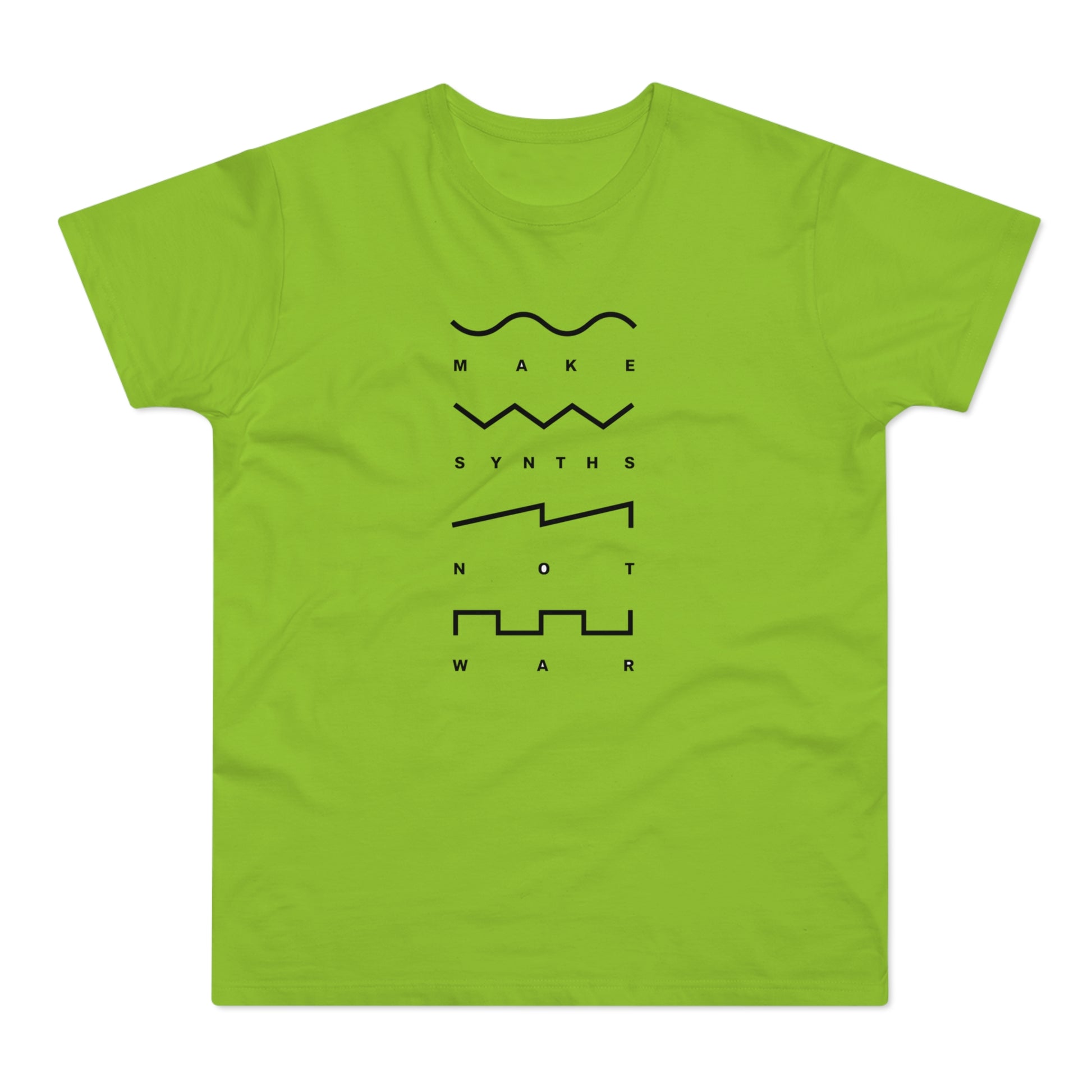 Lime green t-shirt with black text and waveform graphics that say "Make Synths Not War".