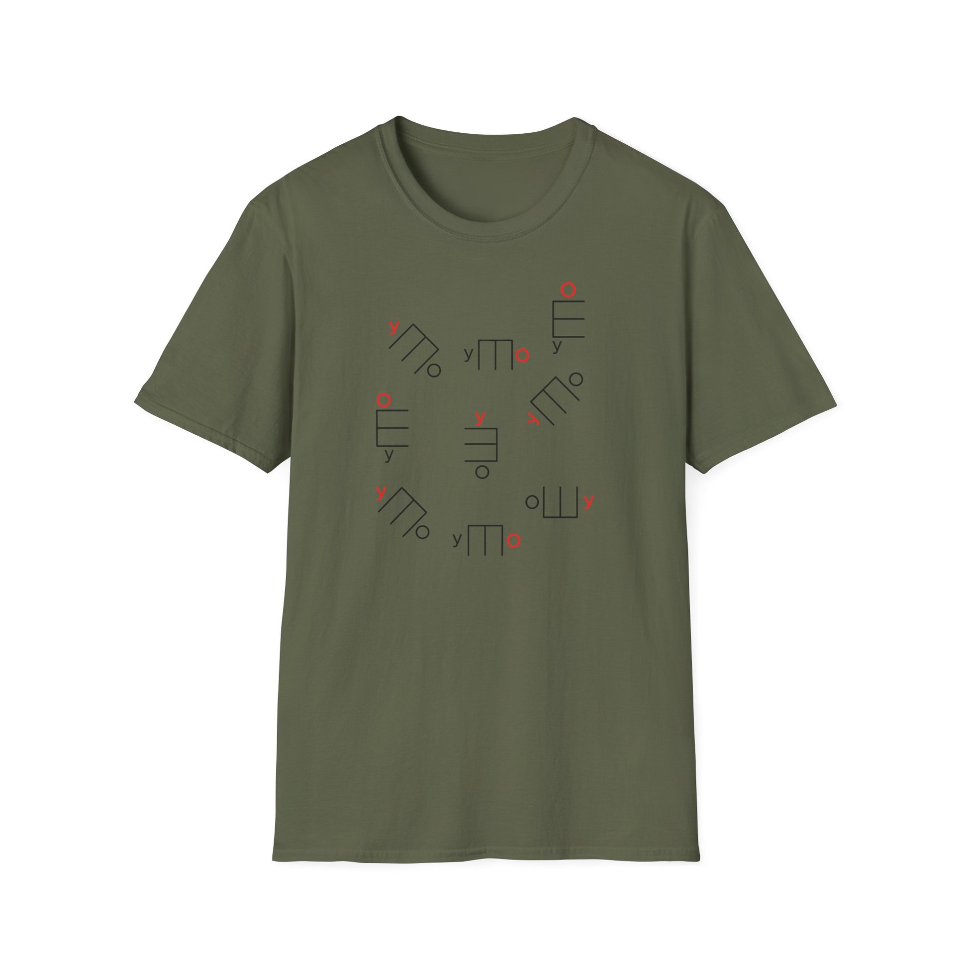 Olive green t-shirt with scattered black and red abstract geometric symbols.