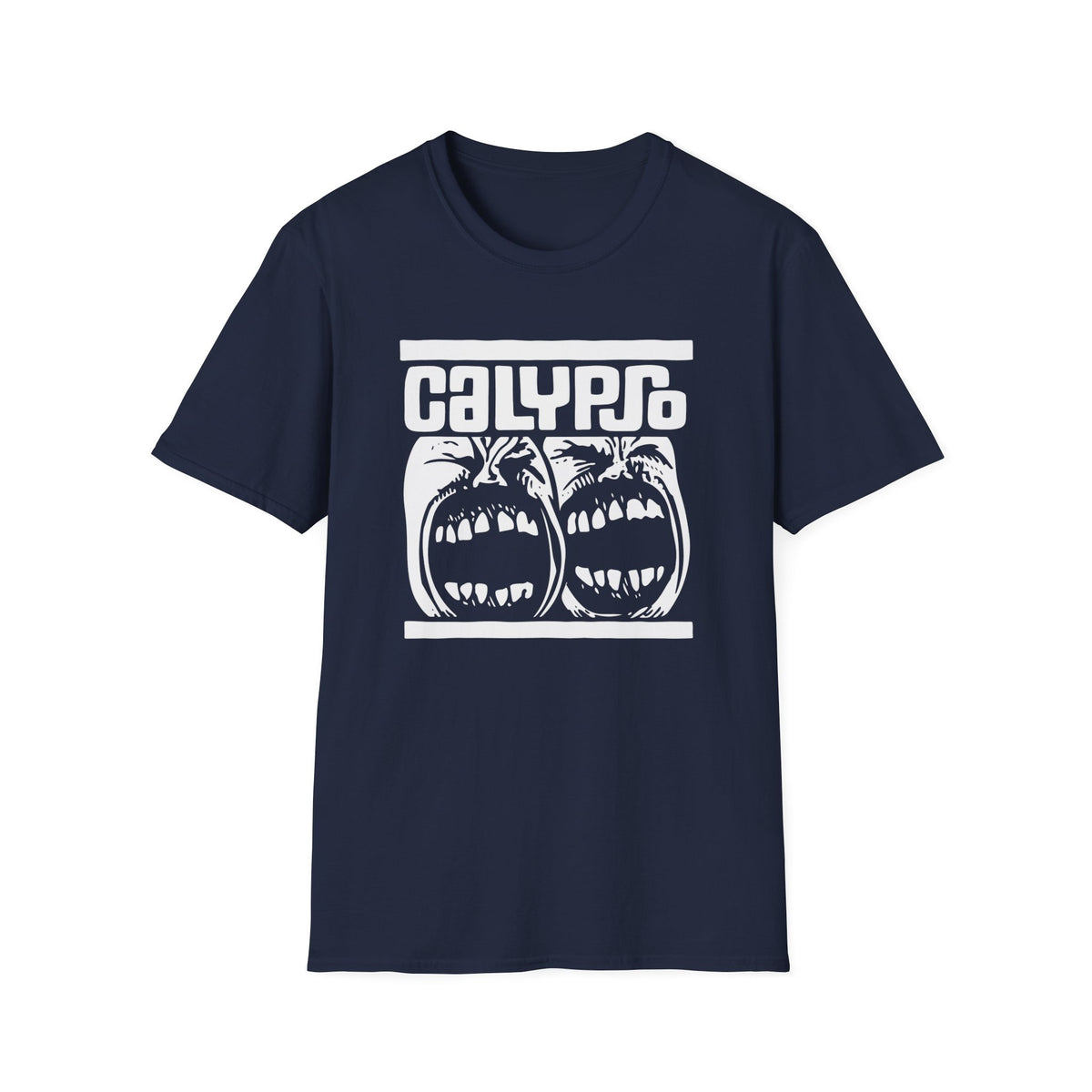 Navy t-shirt with white "CALYPSO" text and graphic of screaming faces.
