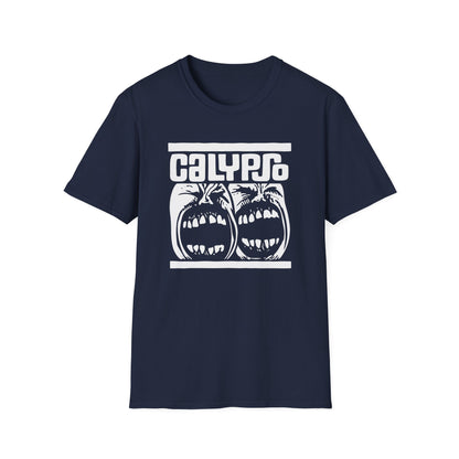 Navy t-shirt with white "CALYPSO" text and graphic of screaming faces.