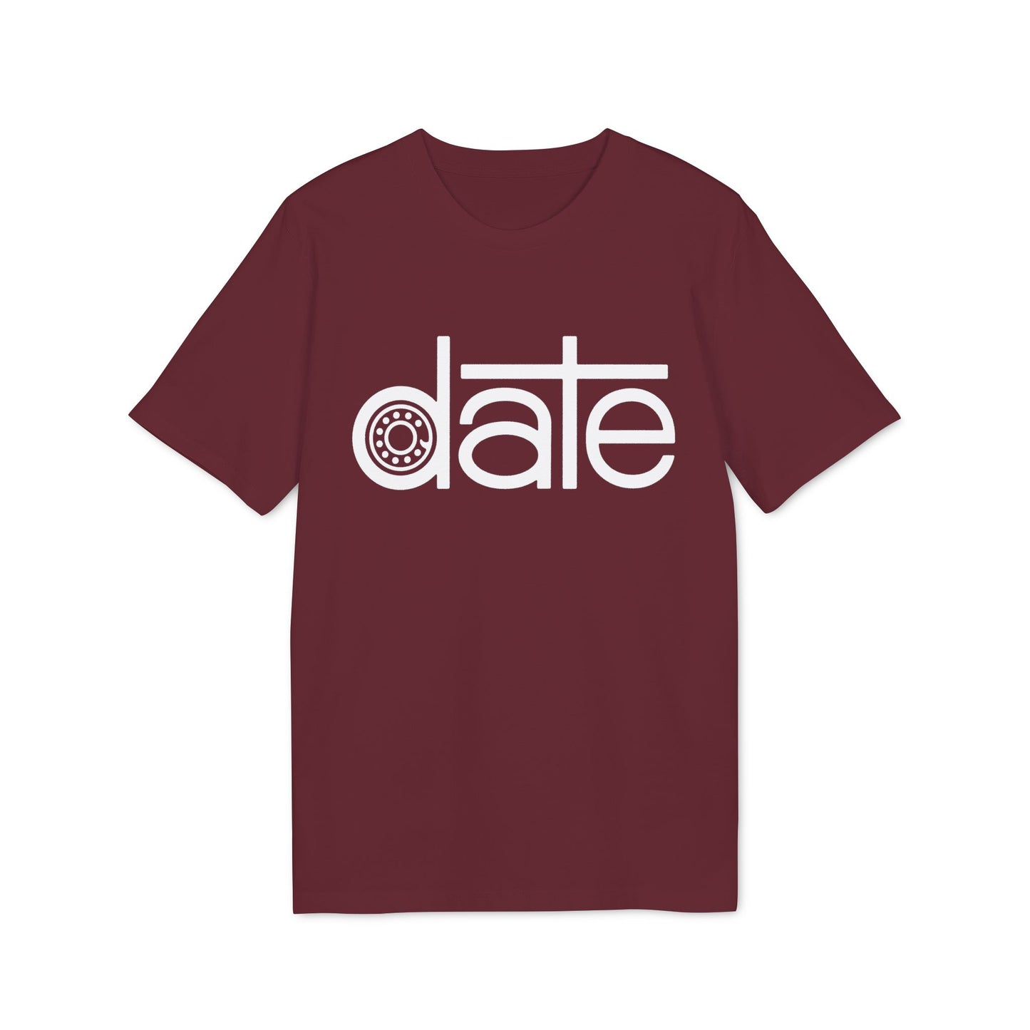 Maroon t-shirt with white text graphic spelling the word "date"