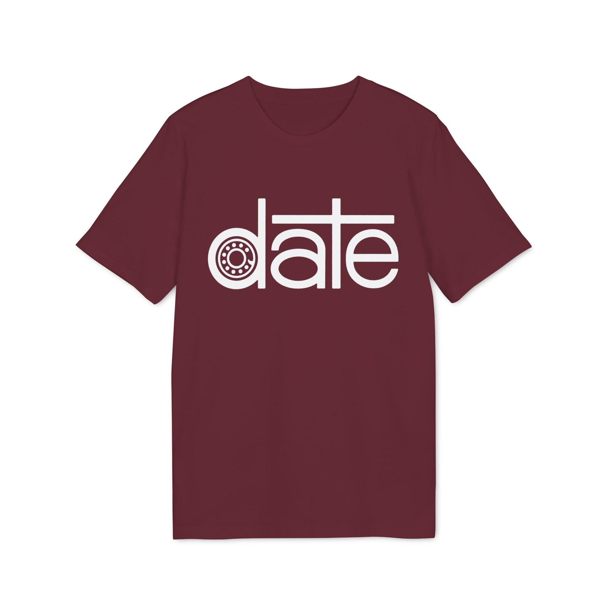Maroon t-shirt with white text graphic spelling the word "date"