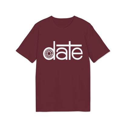 Maroon t-shirt with white text graphic spelling the word "date"