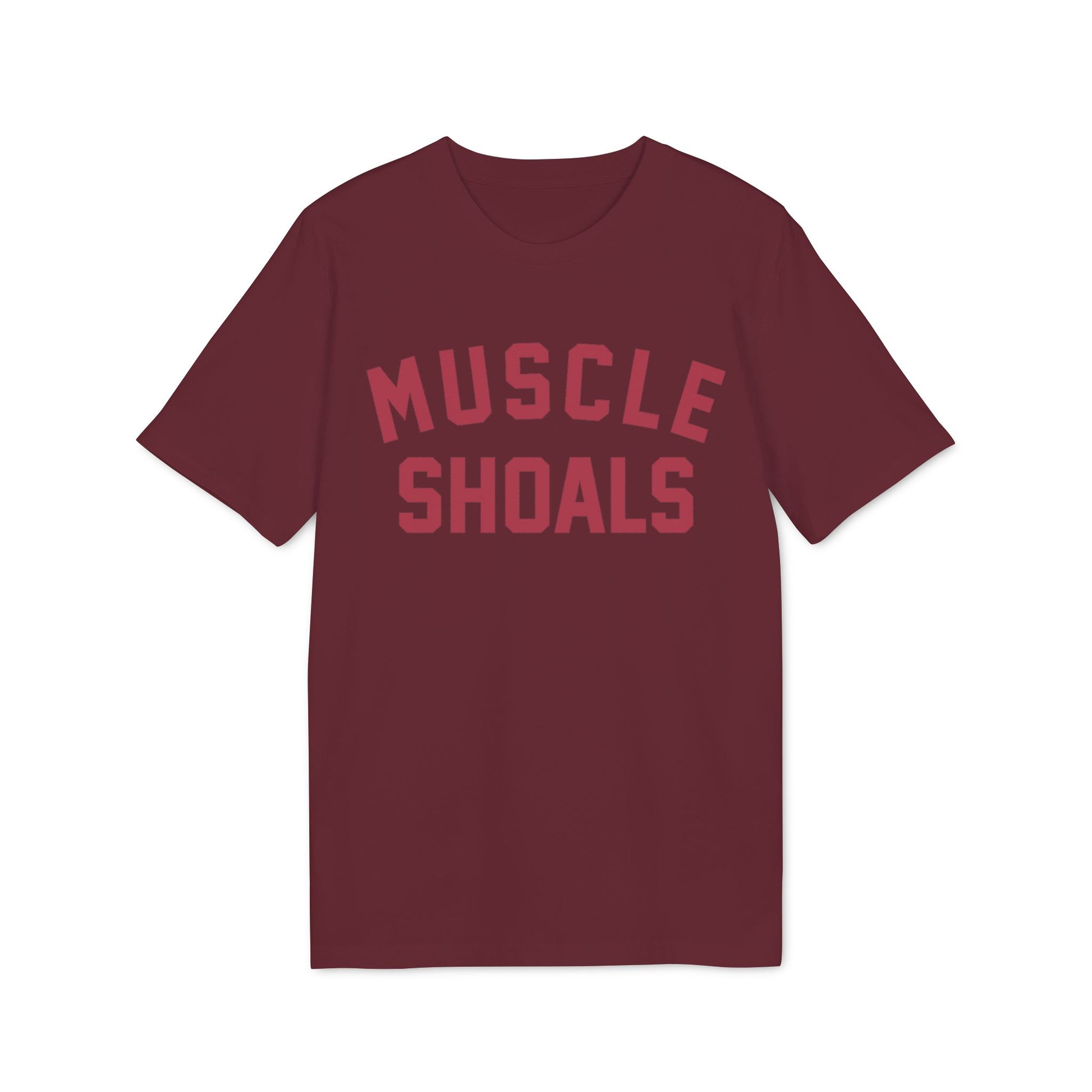 Maroon t-shirt with "MUSCLE SHOALS" printed in maroon.