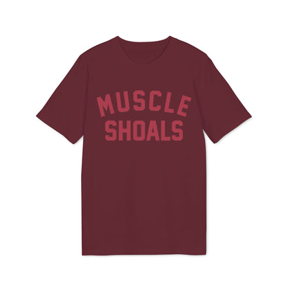 Maroon t-shirt with "MUSCLE SHOALS" printed in maroon.