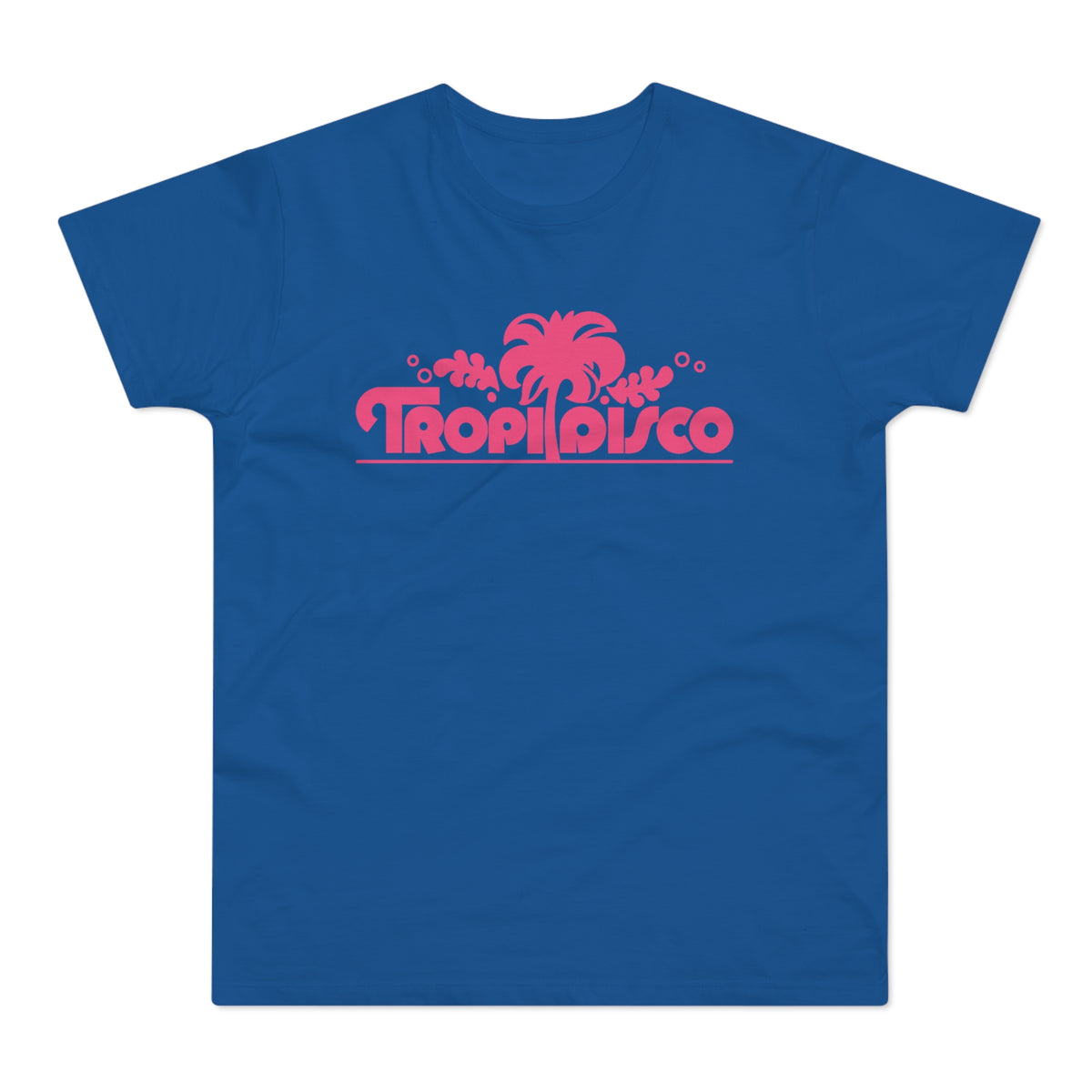 Blue t-shirt with pink "Tropi Disco" text and palm tree graphic.