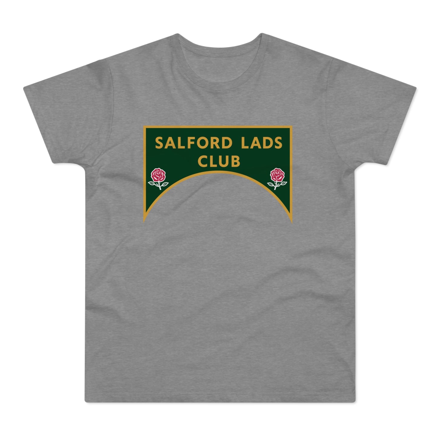 Grey t-shirt with green and gold "SALFORD LADS CLUB" text and rose emblems.