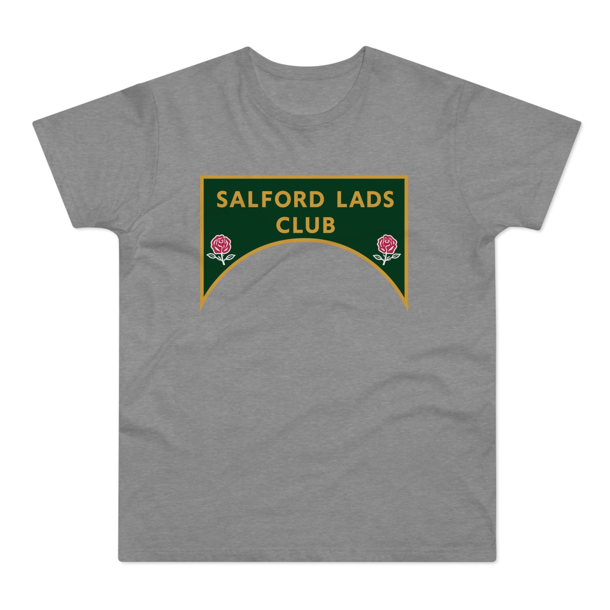 Grey t-shirt with green and gold "SALFORD LADS CLUB" text and rose emblems.