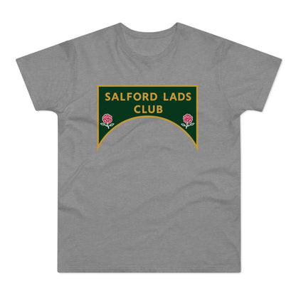 Grey t-shirt with green and gold "SALFORD LADS CLUB" text and rose emblems.
