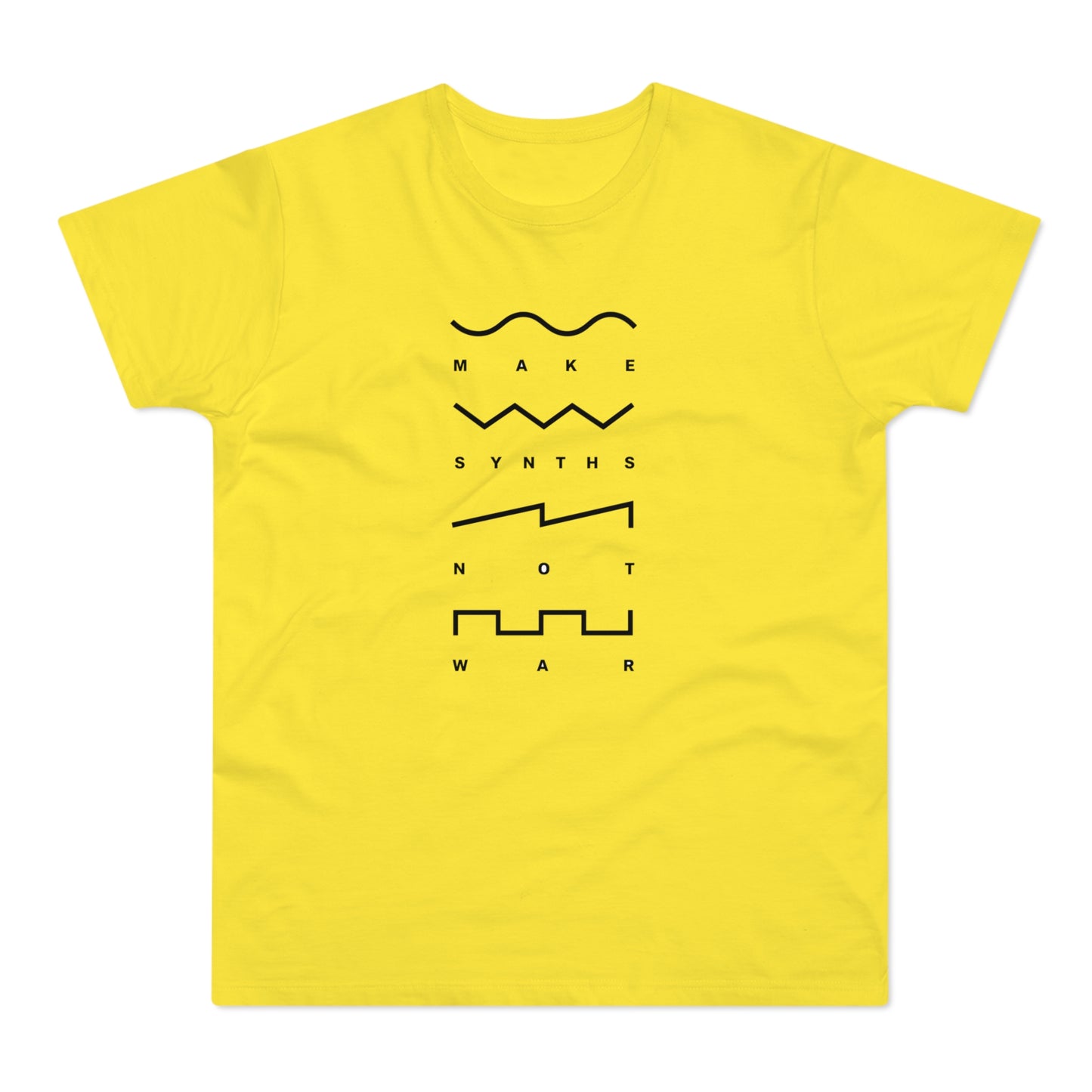 Yellow t-shirt with black text and synth waveforms that read "MAKE SYNTHS NOT WAR".