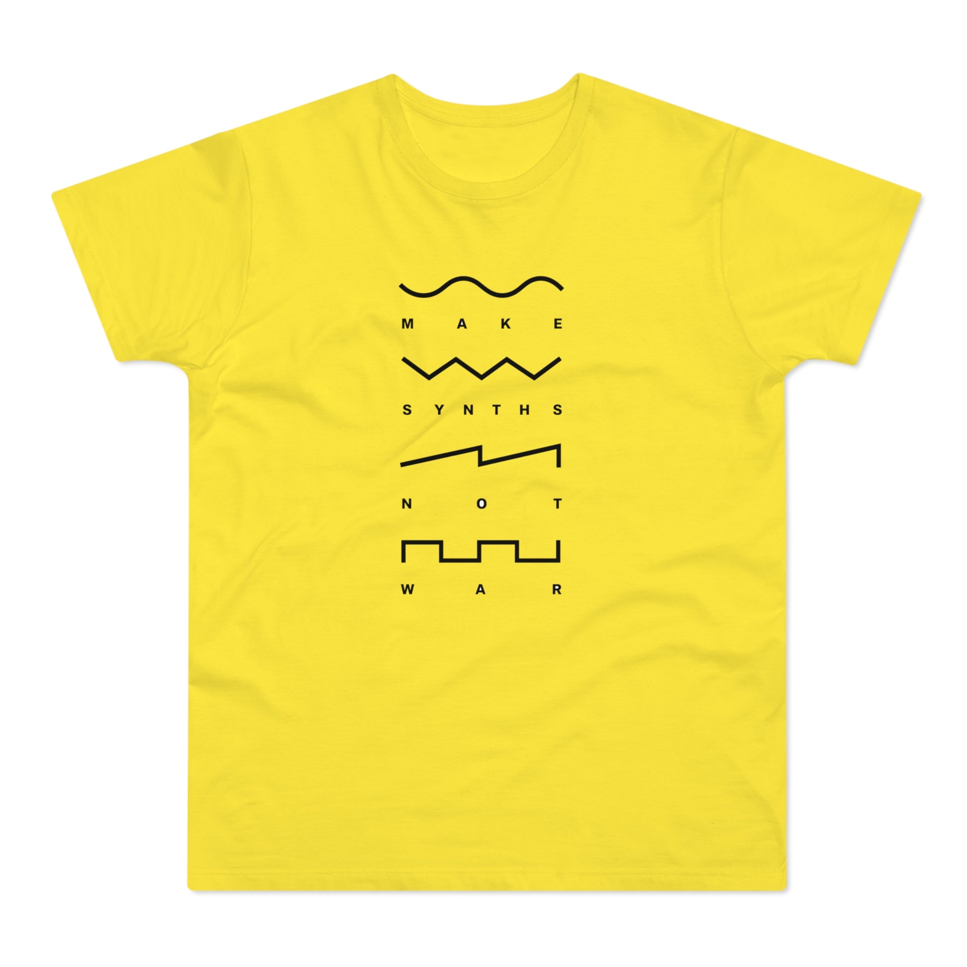 Yellow t-shirt with black text and synth waveforms that read "MAKE SYNTHS NOT WAR".
